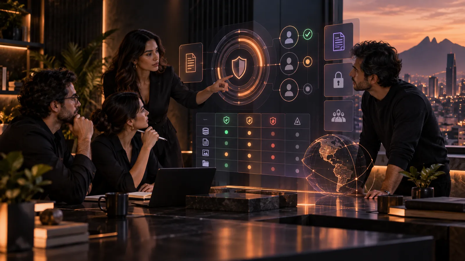 Team reviews permissions, data classification, and controls for a corporate artificial intelligence use policy
