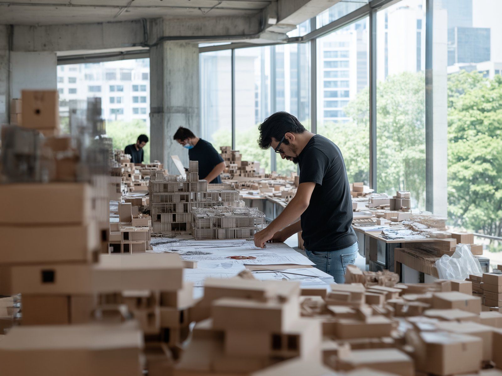Espacio arquitectónico con planos técnicos, ilustrando 'IA para SEO en ecommerce: herramientas, flujos de trabajo y lo que fu
