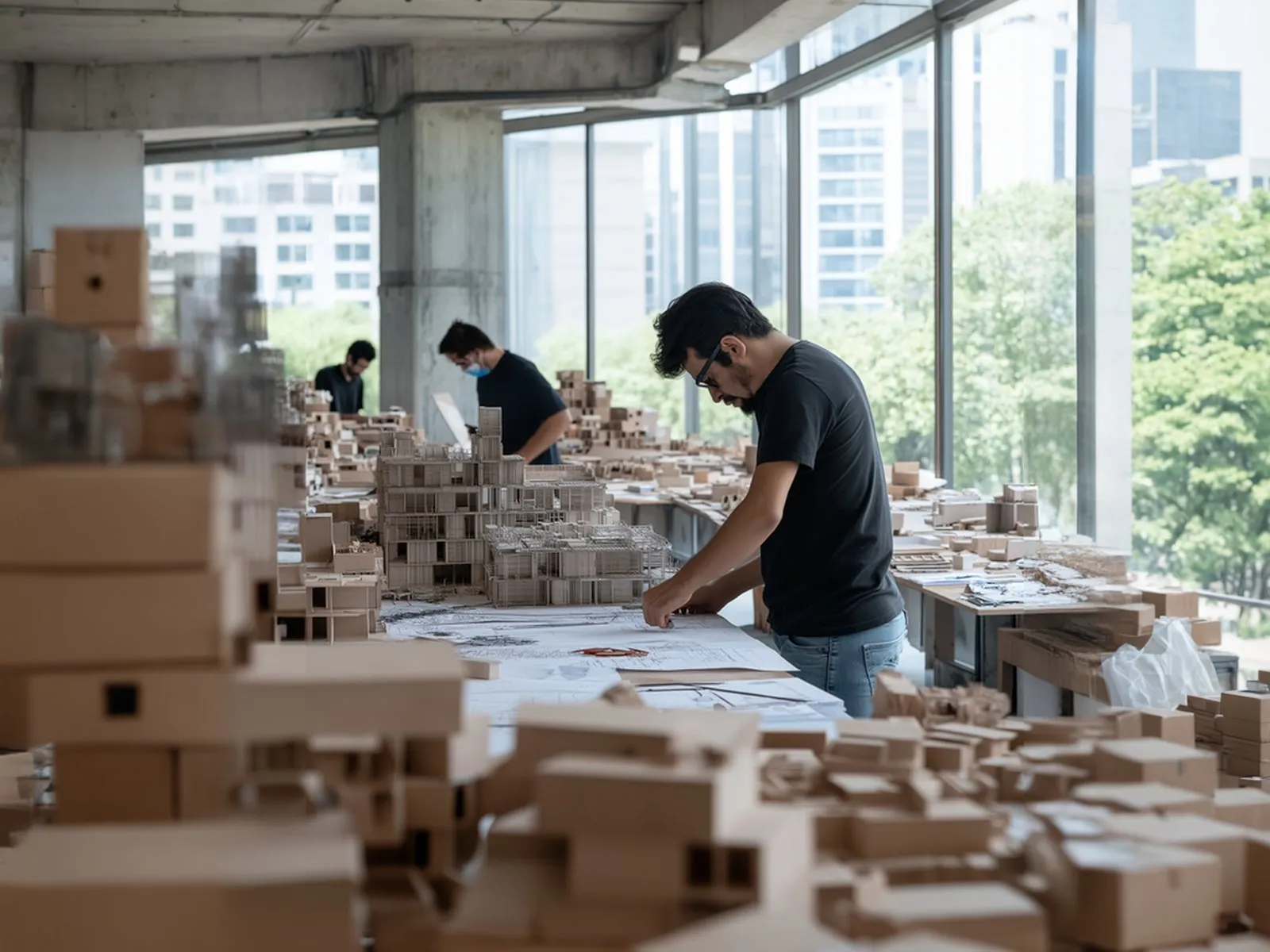 Espacio arquitectónico con planos técnicos, ilustrando 'IA para SEO en ecommerce: herramientas, flujos de trabajo y lo que fu