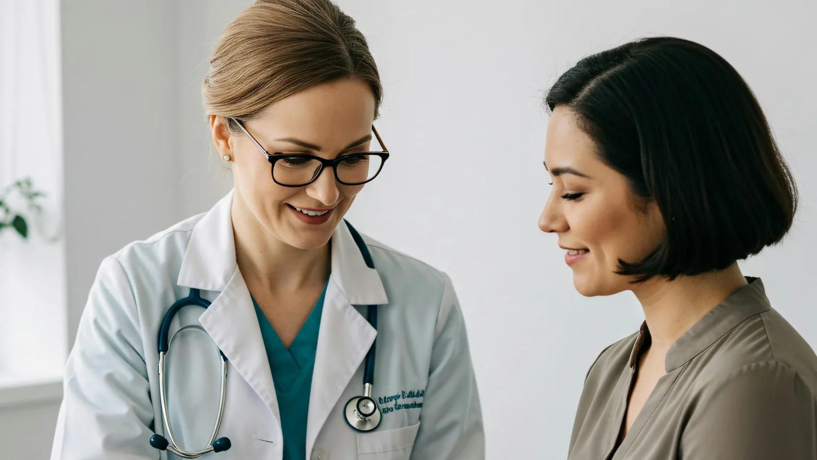 Médica atendiendo a una paciente con trato cercano