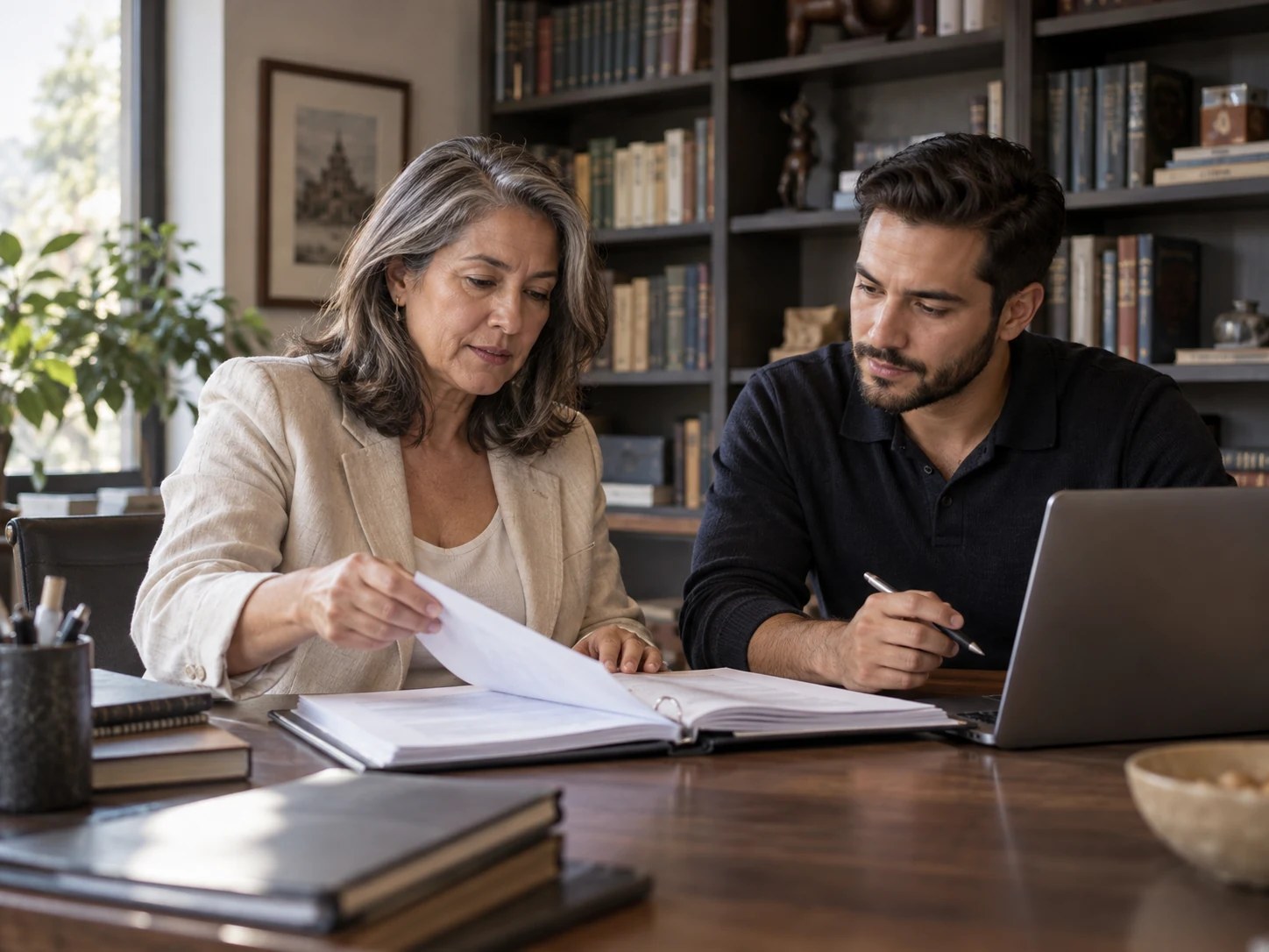 Profesionales consultan documentos y una computadora