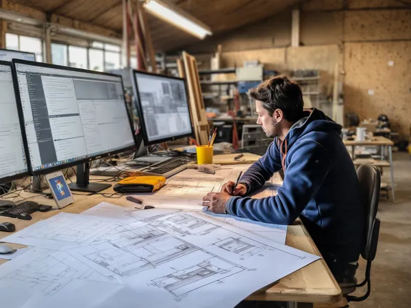 Arquitecto concentrado en diseño técnico, ilustrando 'Cómo automatizar descripciones de producto con IA a escala: proceso, pr