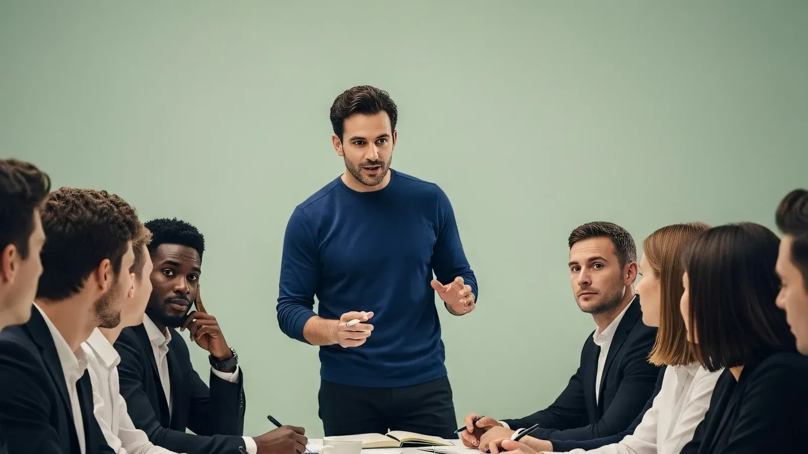Líder presentando un proyecto a su equipo en una sala de trabajo