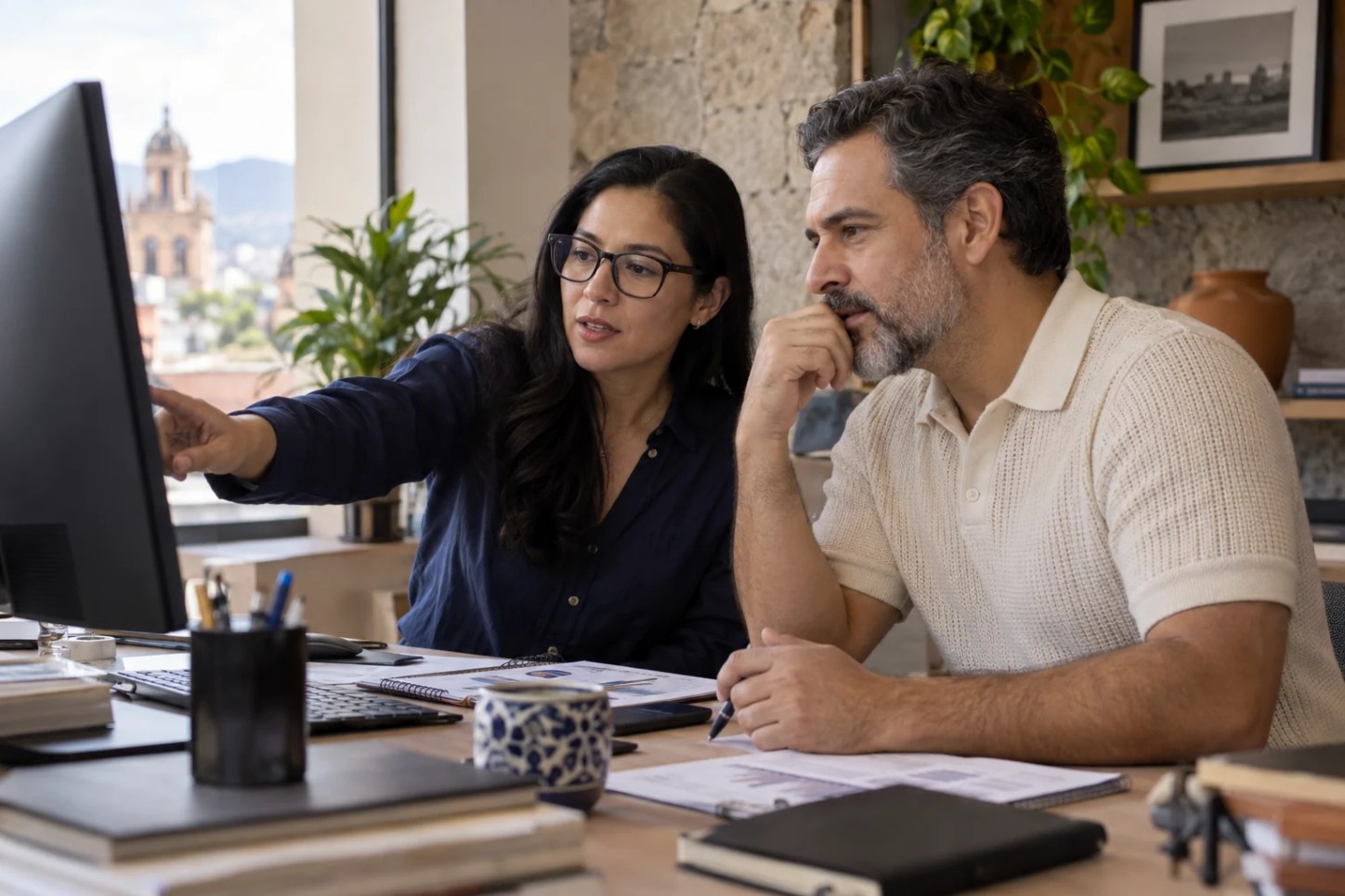 Profesionales conversan alrededor de una computadora en una oficina