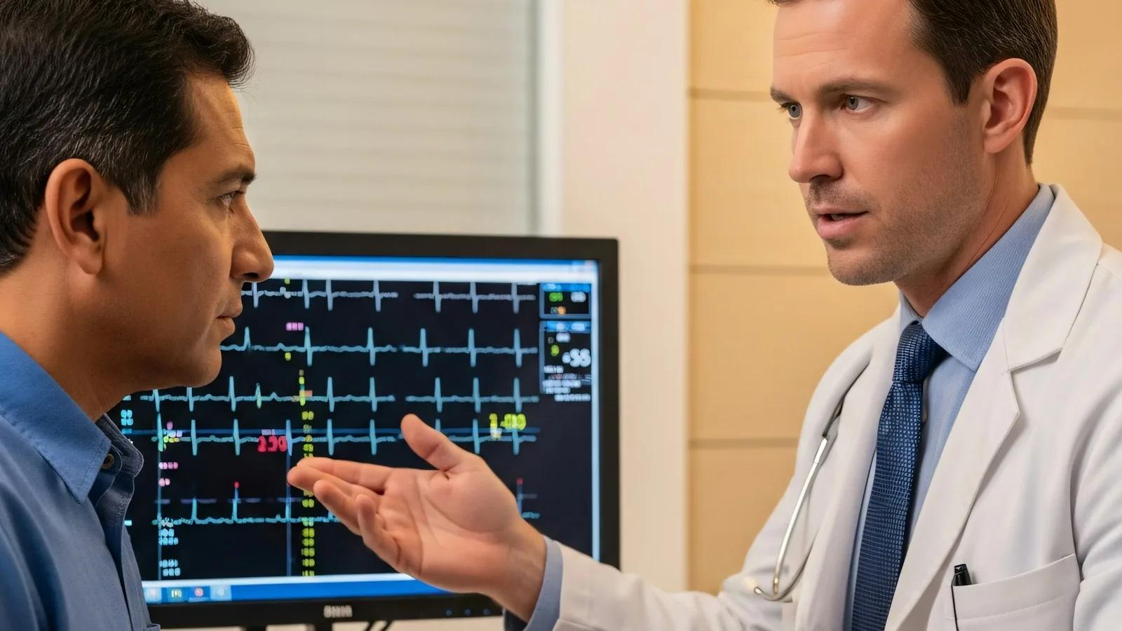 Médico explicando resultados en una pantalla a su paciente