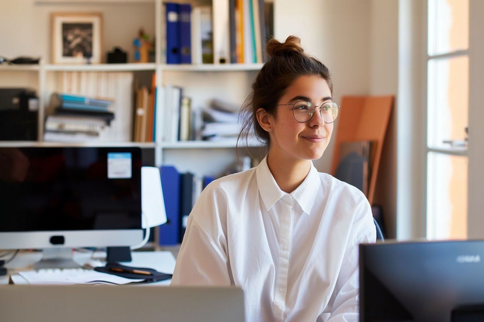 Profesional concentrada trabajando en su escritorio, ilustrando 'Qué es un roadmap de IA en una empresa · ia¹'