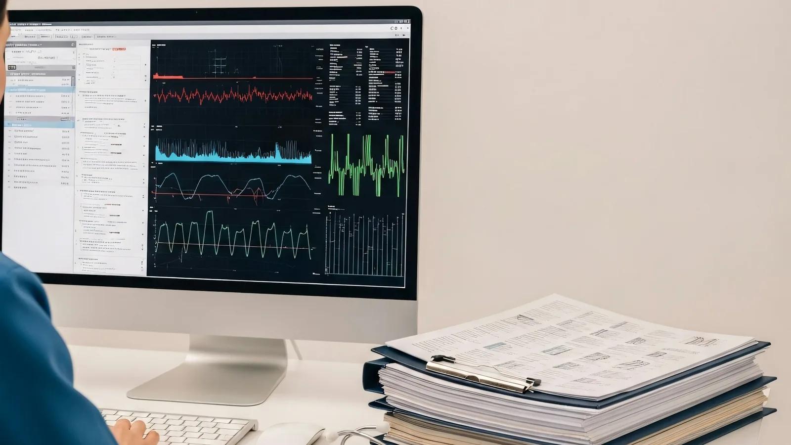 Monitor con datos clínicos junto a expedientes y un estetoscopio