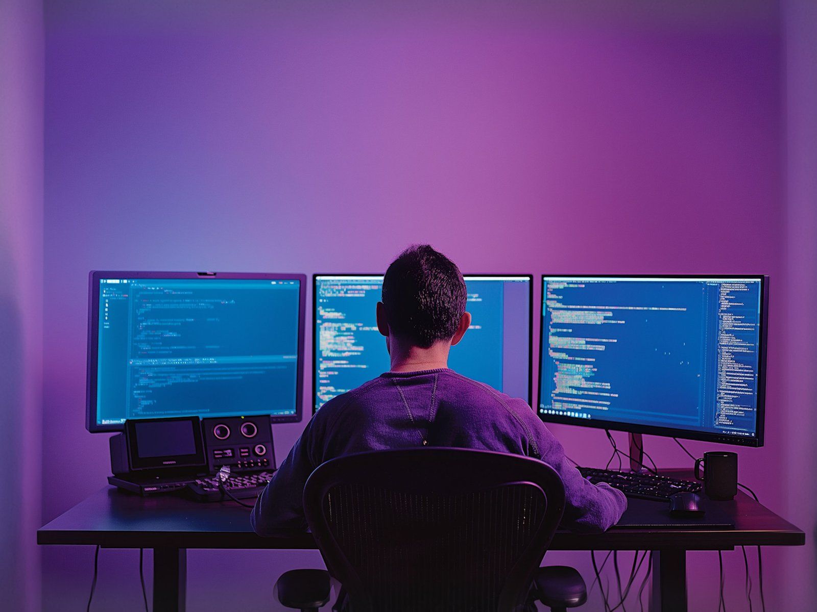 Espacio tecnológico con programador trabajando, ilustrando 'Inteligencia Artificial en el ecommerce: Definición y Aplicacione