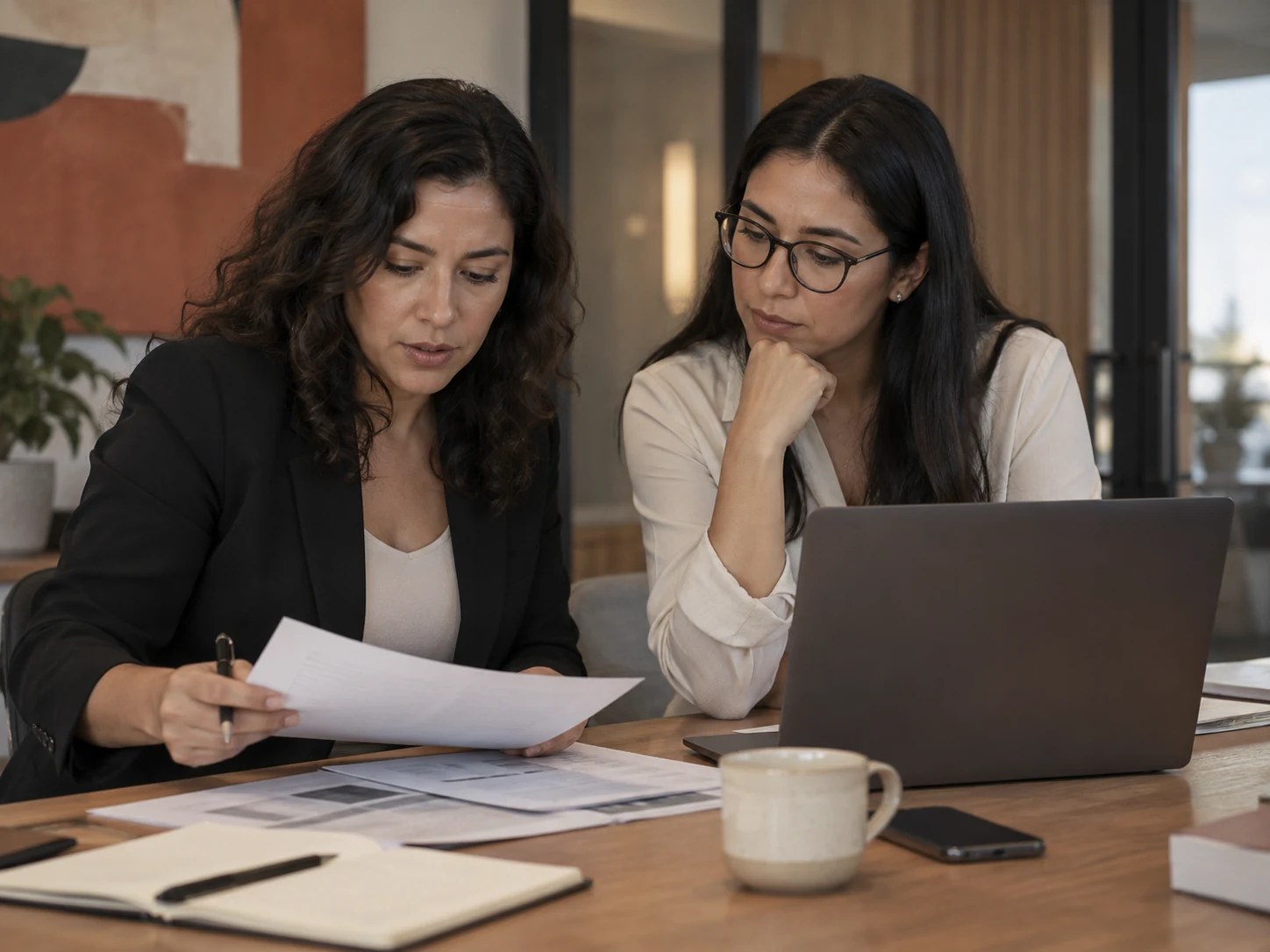 Profesionales consultan documentos y una computadora