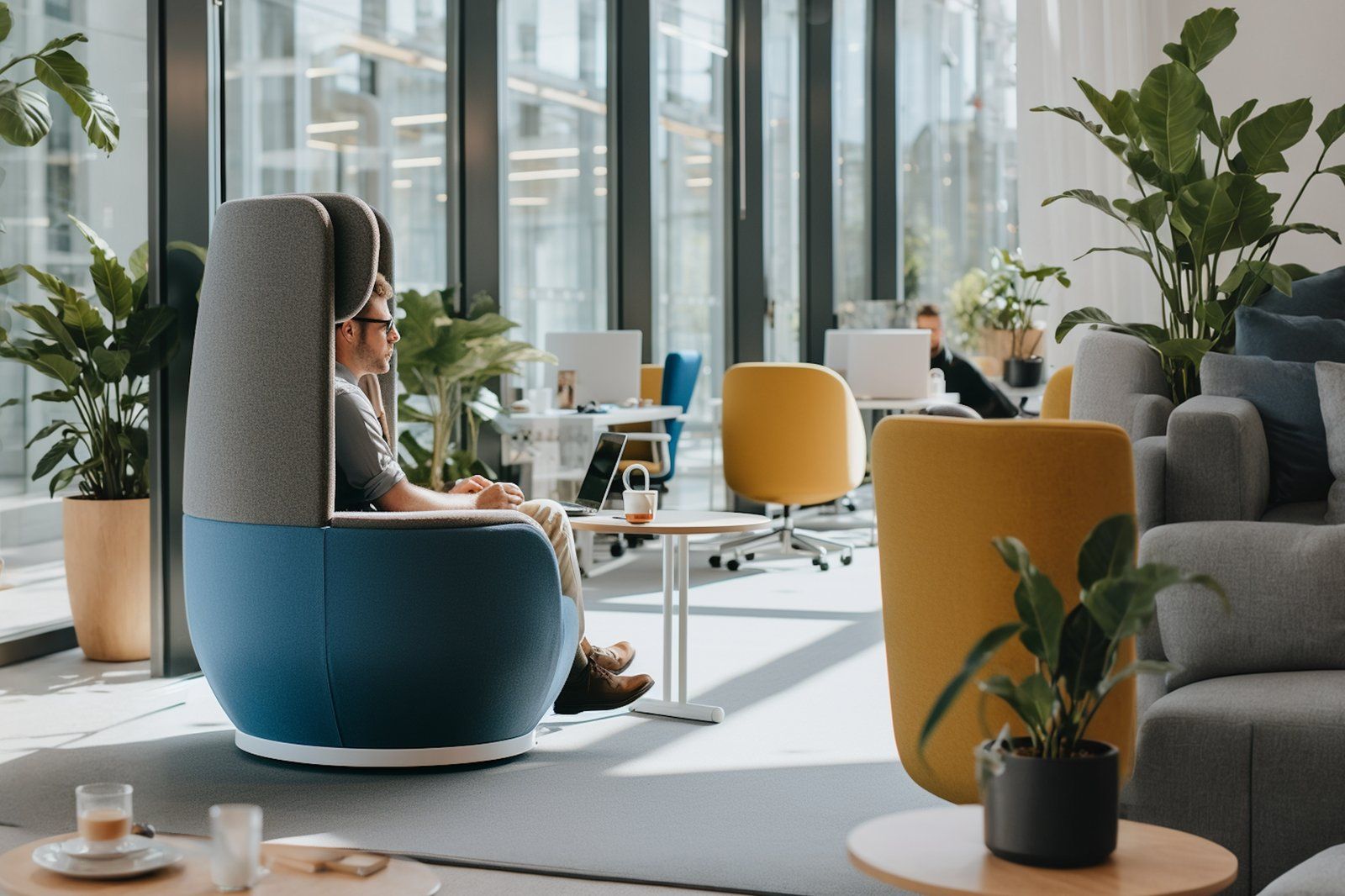 Silla aislante moderna en oficina open-plan, ilustrando 'Emails de prospección con IA: cómo escribir mensajes que se abran, s