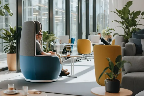 Silla aislante moderna en oficina open-plan, ilustrando 'Emails de prospección con IA: cómo escribir mensajes que se abran, s