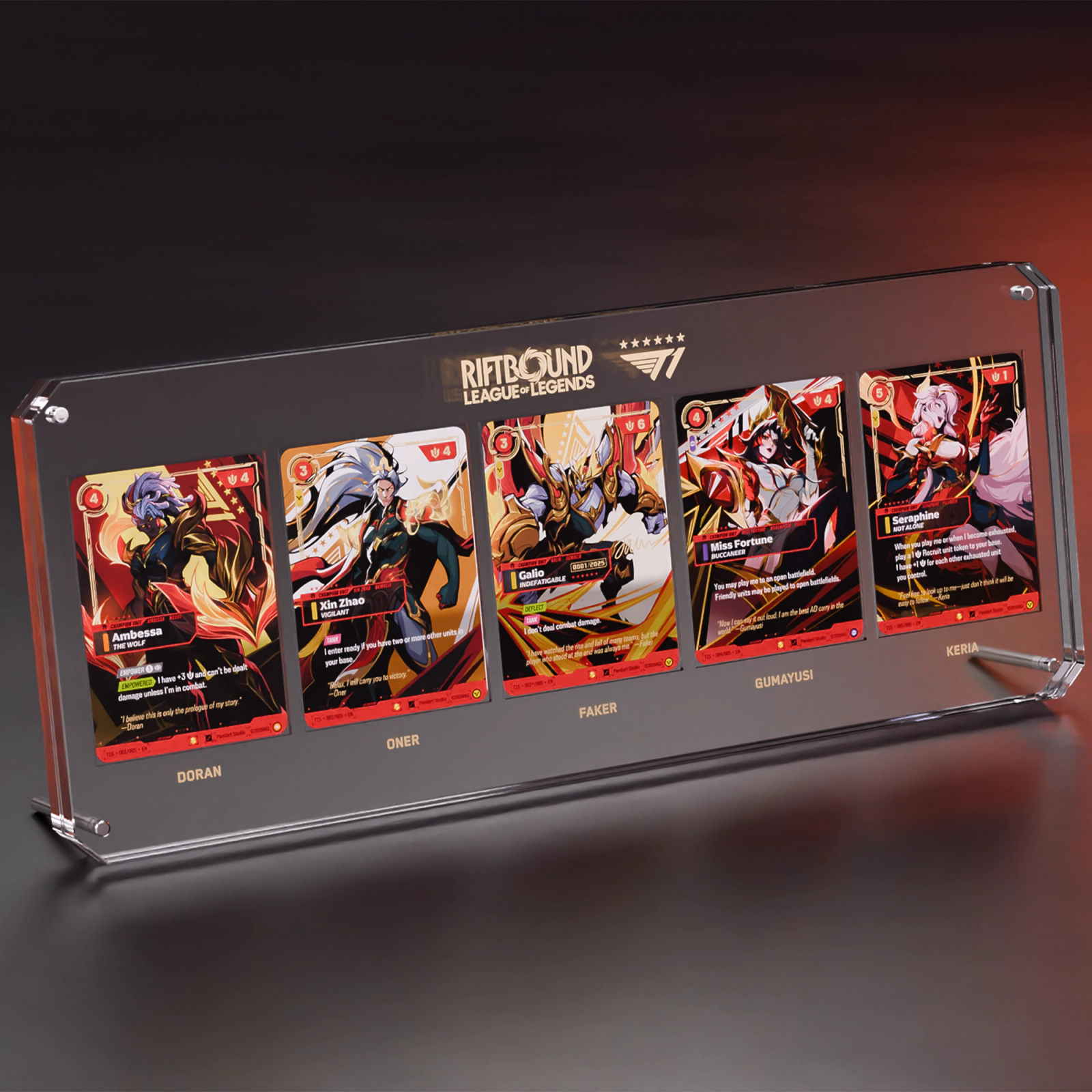 Open Riftbound x T1 Signature Edition presentation box containing all five Champion cards