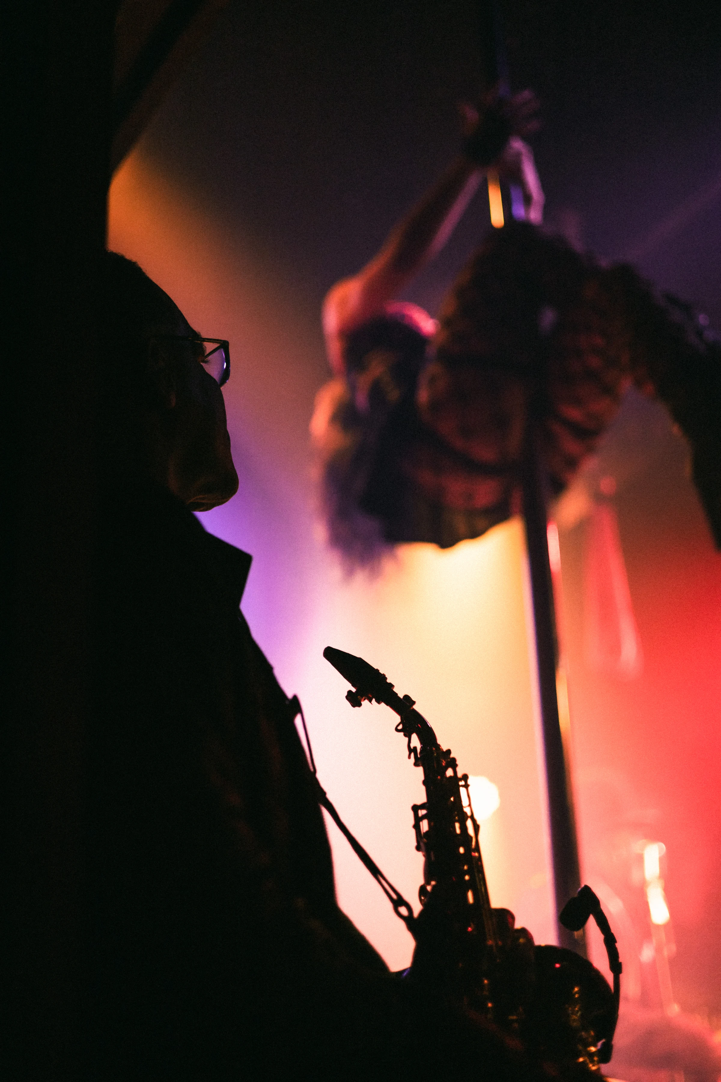 Silhouetted saxophonist plays as a performer dances on a pole in dim, multicolored stage lighting; a lively, mysterious atmosphere.