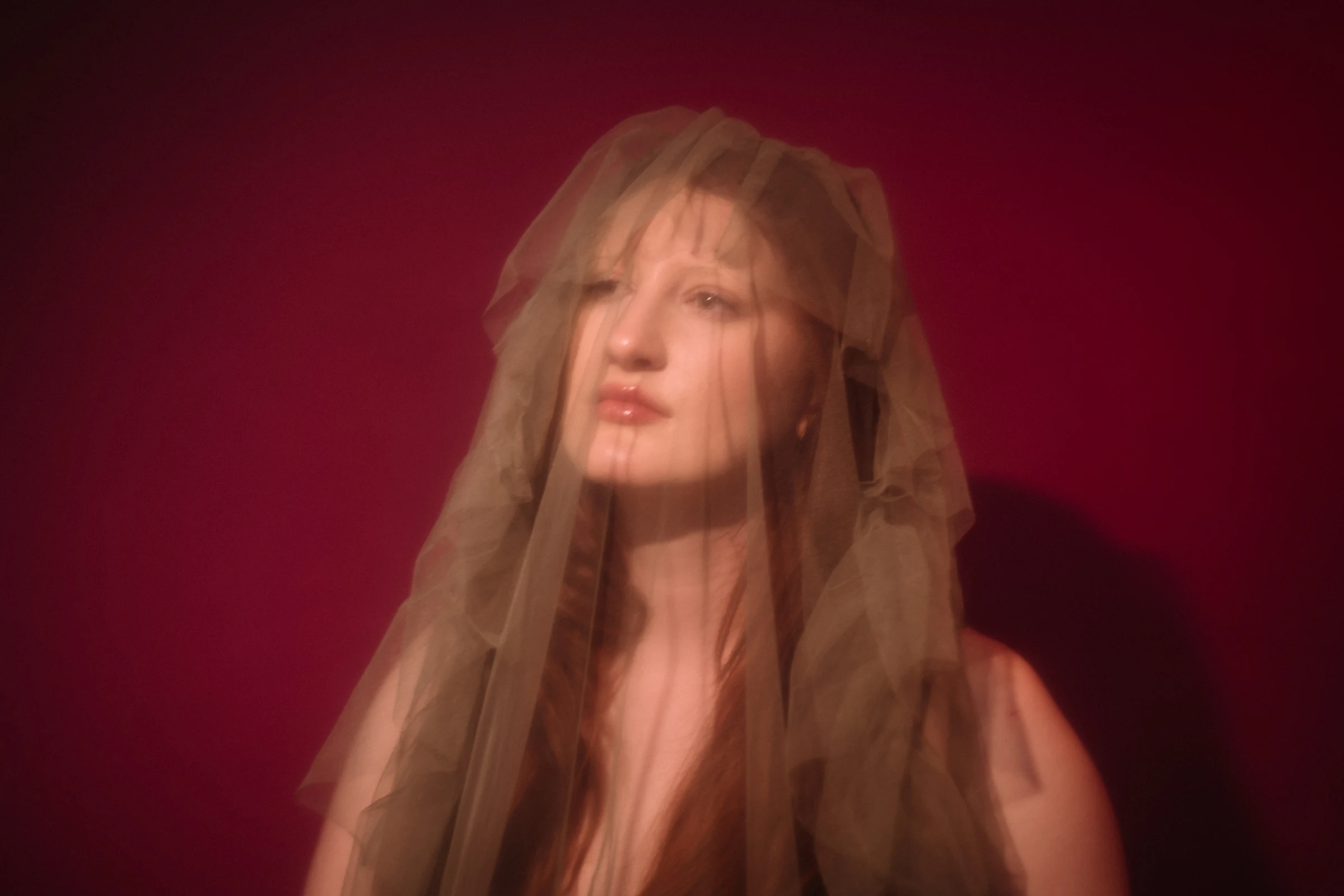 A woman with long hair is seen through a soft focus effect, covered by a translucent veil against a deep purple background. The image conveys a dreamy and ethereal mood.