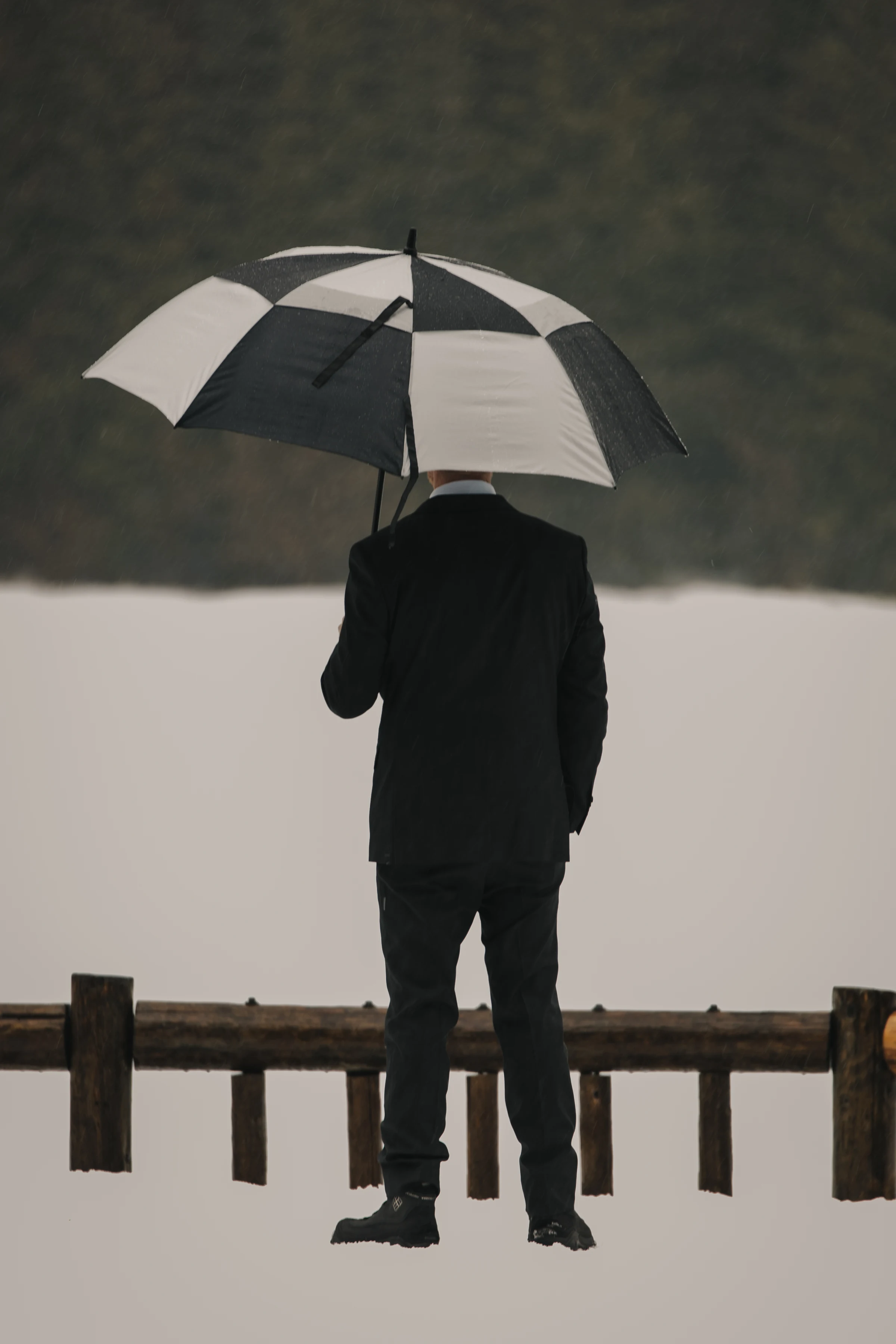 A person in a black suit stands with their back to the camera, holding a black-and-white umbrella on a snowy day, creating a contemplative mood.