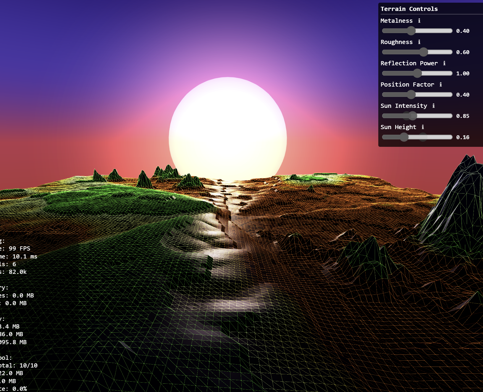 development screenshot for debug - terrain gen and lighting