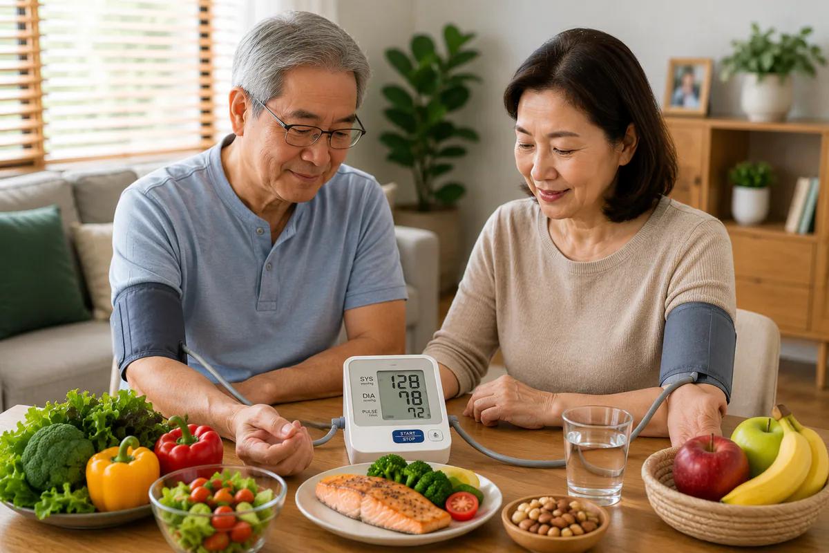 คู่ผู้สูงวัยวัดความดันพร้อมอาหารสุขภาพเพื่อดูแลไขมันและระบบหลอดเลือด
