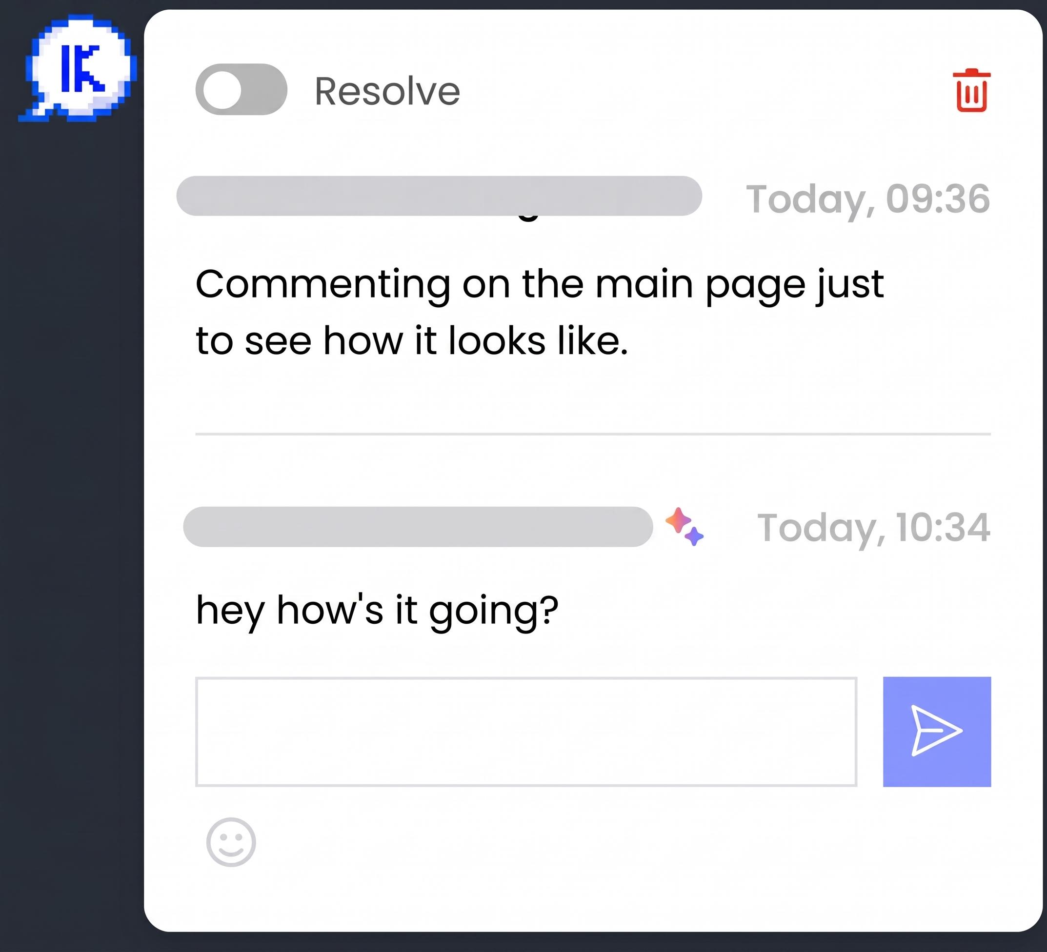 Chat window with two messages: "Commenting on the main page just to see how it looks like" and "hey how's it going?"