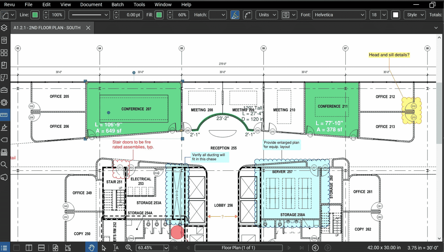 Bluebeam Revu interface showing PDF markup tools, comments, and annotations on a floor plan