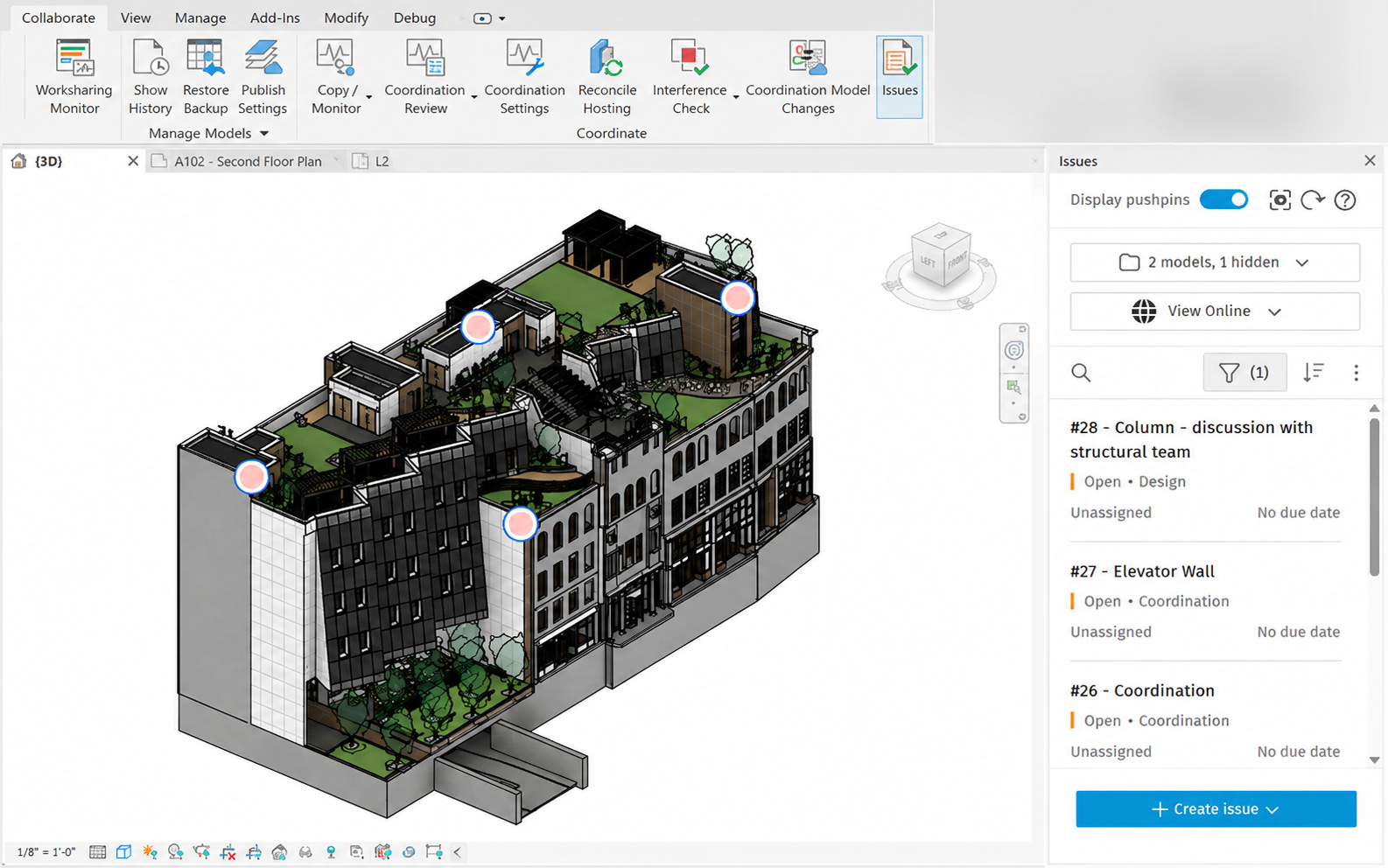 Autodesk Issues in Revit with issue pushpins, threaded comments, and status tracking on a 3D model