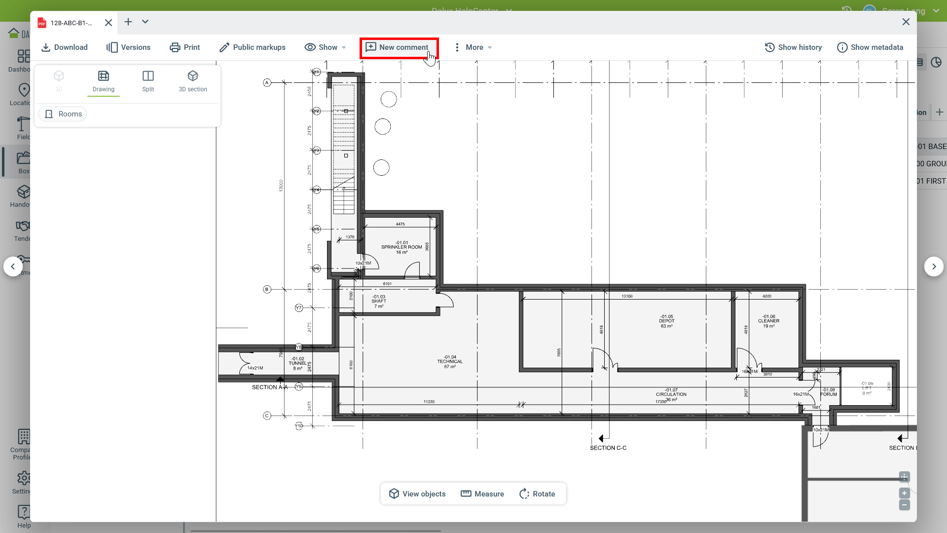 Dalux integration showing a Revit floor plan with BIM issues and project coordination tools
