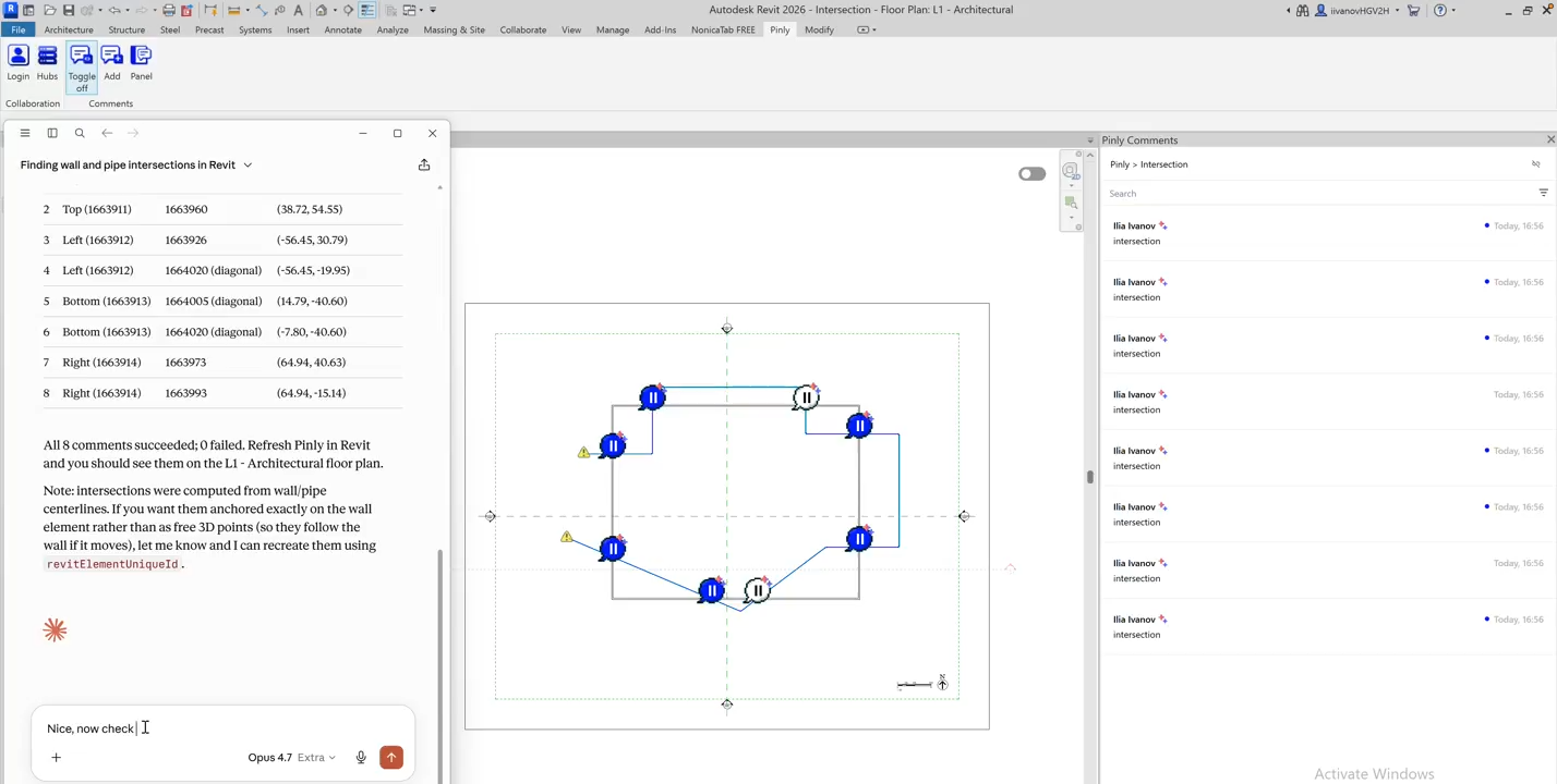 Pinly MCP integration enabling an AI assistant to inspect Revit model elements and work with pinned comments