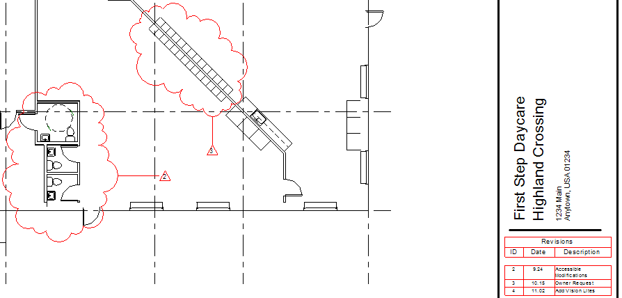 Revit revision clouds, text notes, and annotation sticky notes used for marking up a model