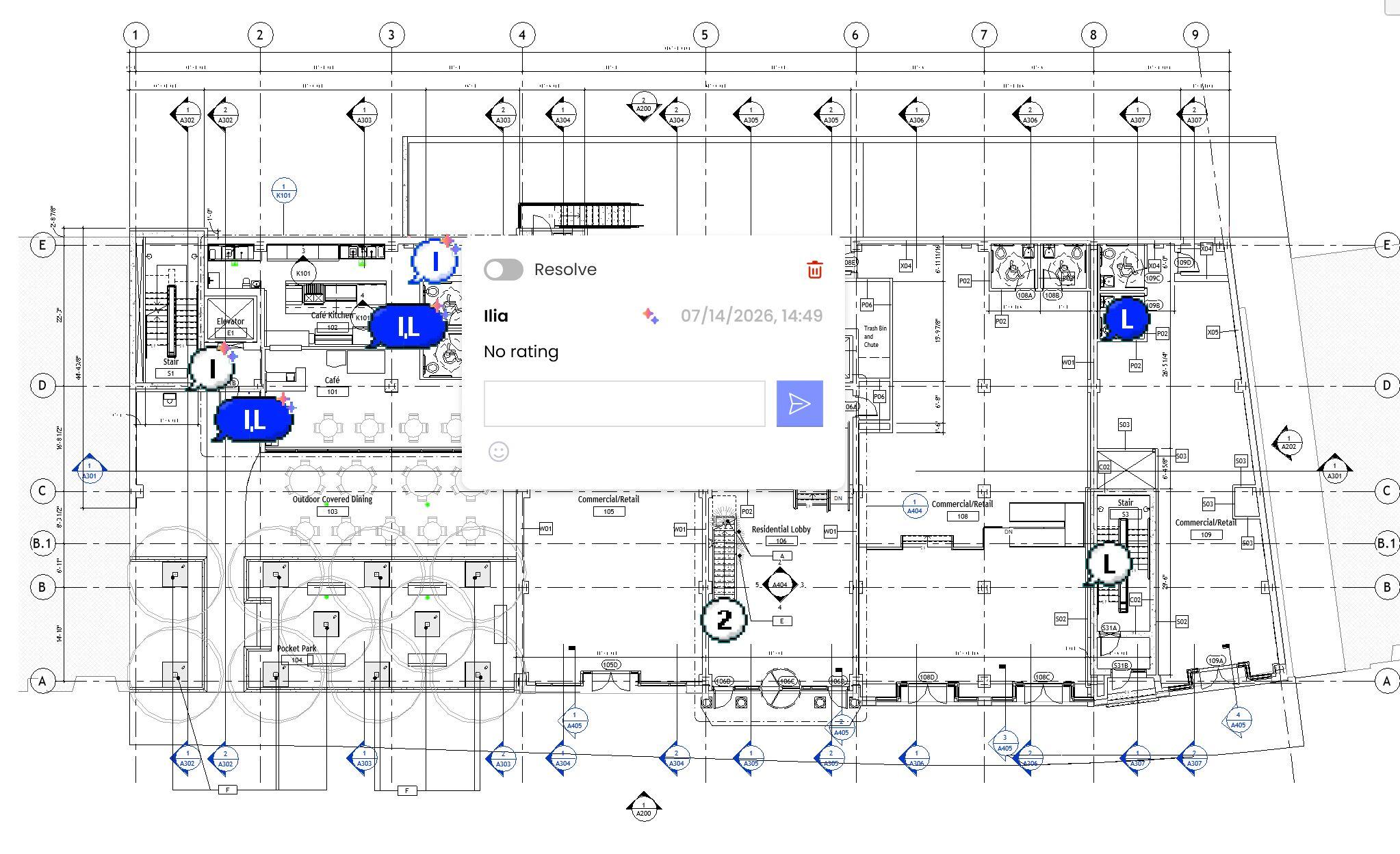 Pinly showing comments pinned directly to elements in a Revit floor plan for model-based collaboration