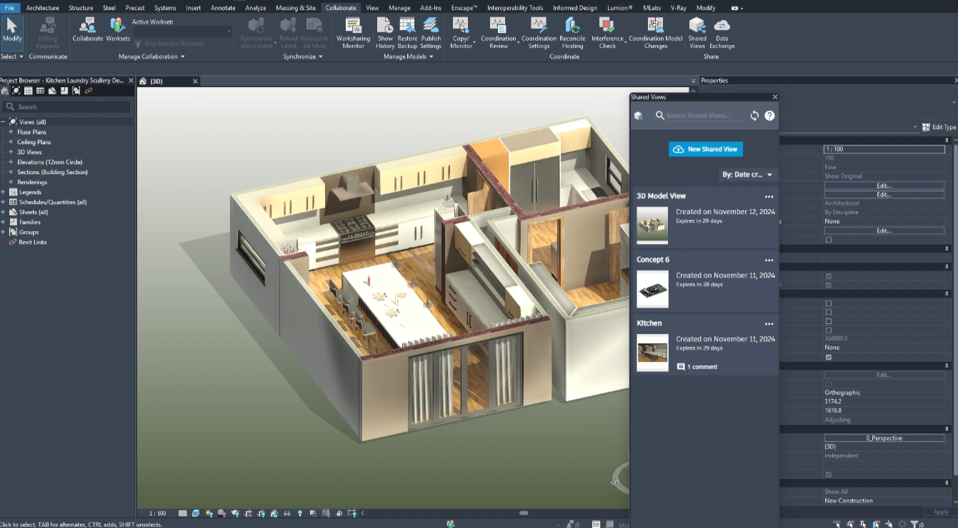 Revit Shared Views and Autodesk Viewer showing a 3D model with comments and collaboration tools