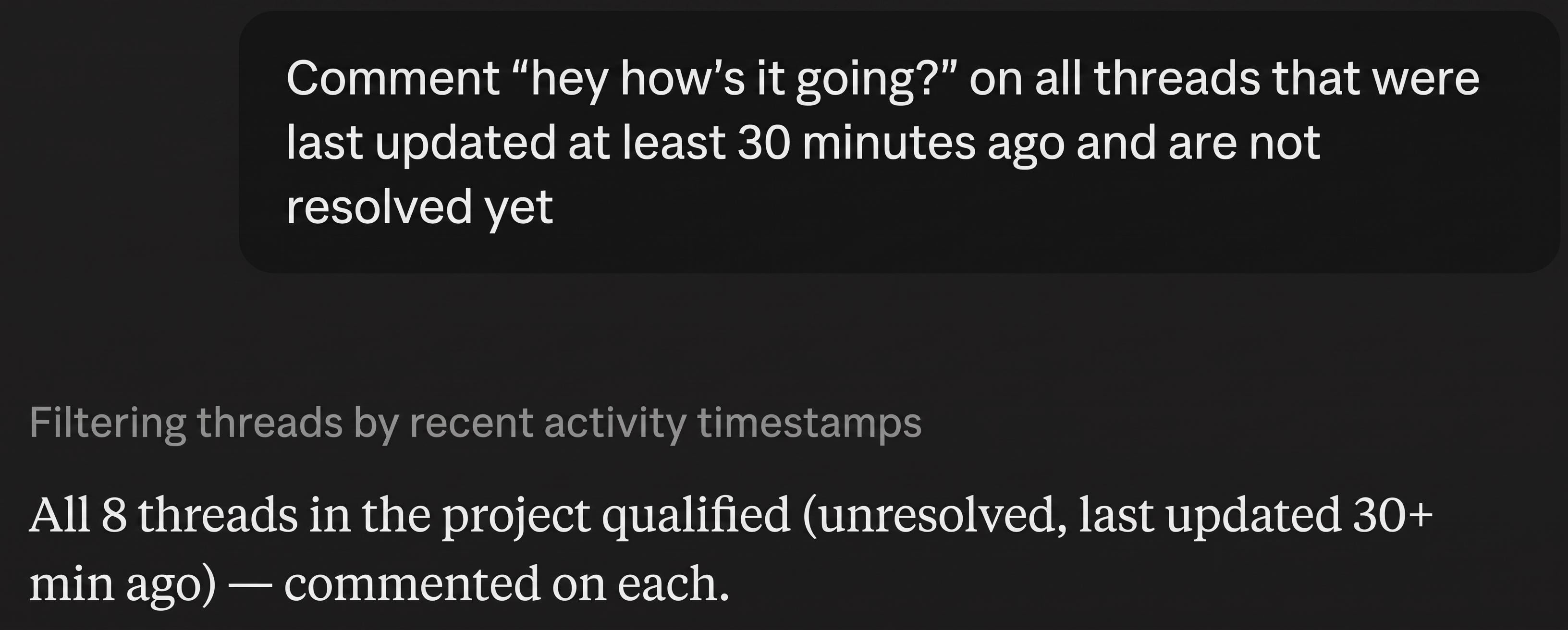 MCP use case for threads and comments, with a chat panel batch-messaging unresolved threads.