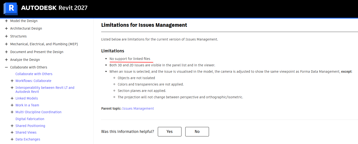 Revit 2027, limitations for issues management