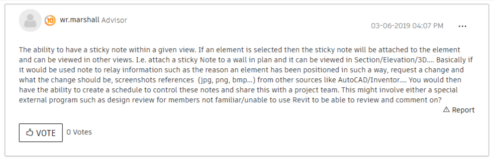 Revit user requests sticky notes attached to model elements for design feedback and change requests
