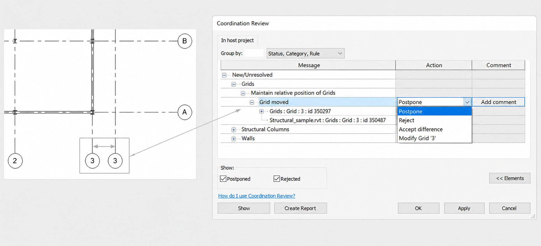 Revit Coordination Review interface for reviewing Copy/Monitor changes and adding comments to model elements