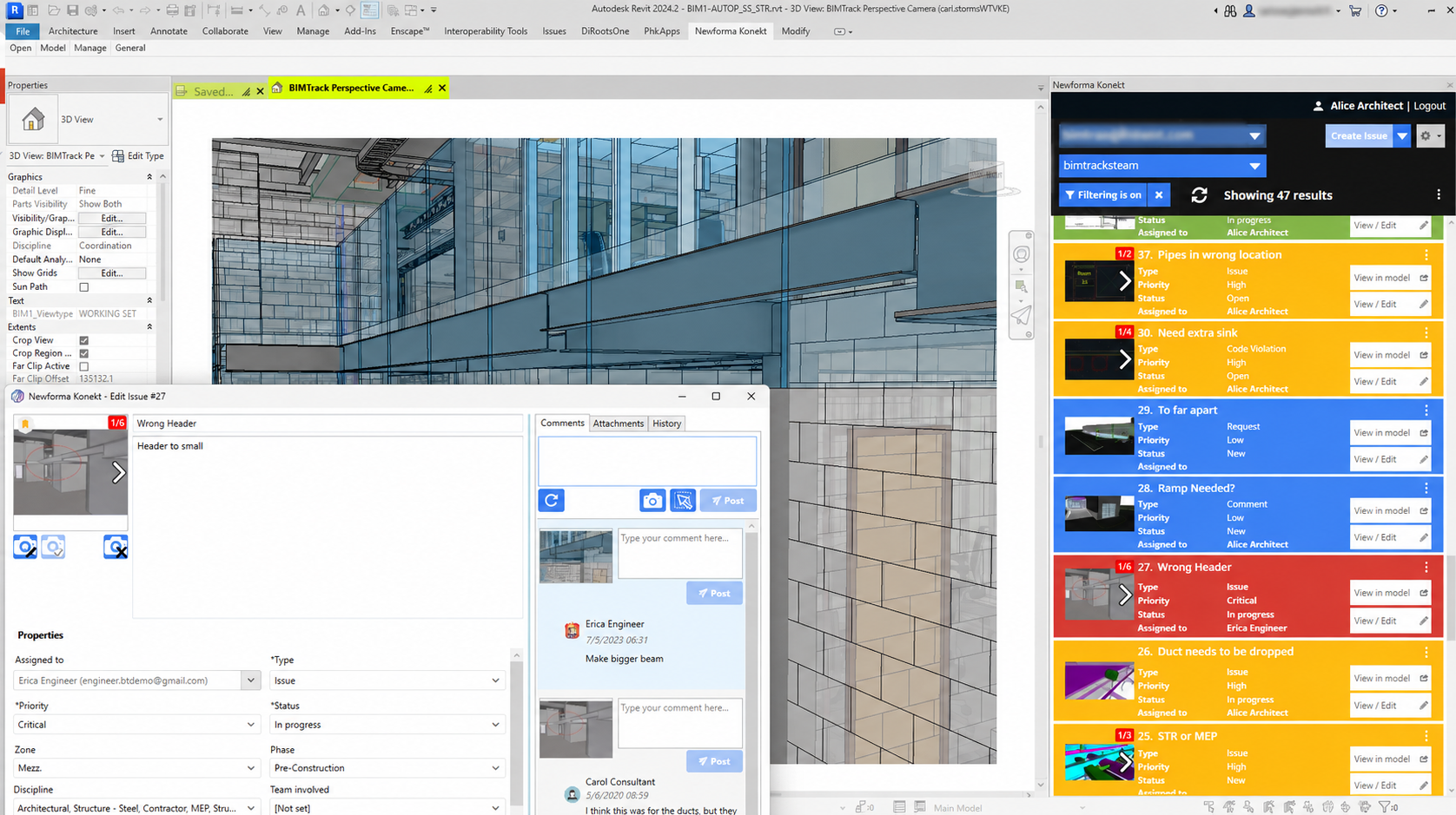 Newforma Konekt integration with Revit showing a 3D model and construction issues in a project coordination panel