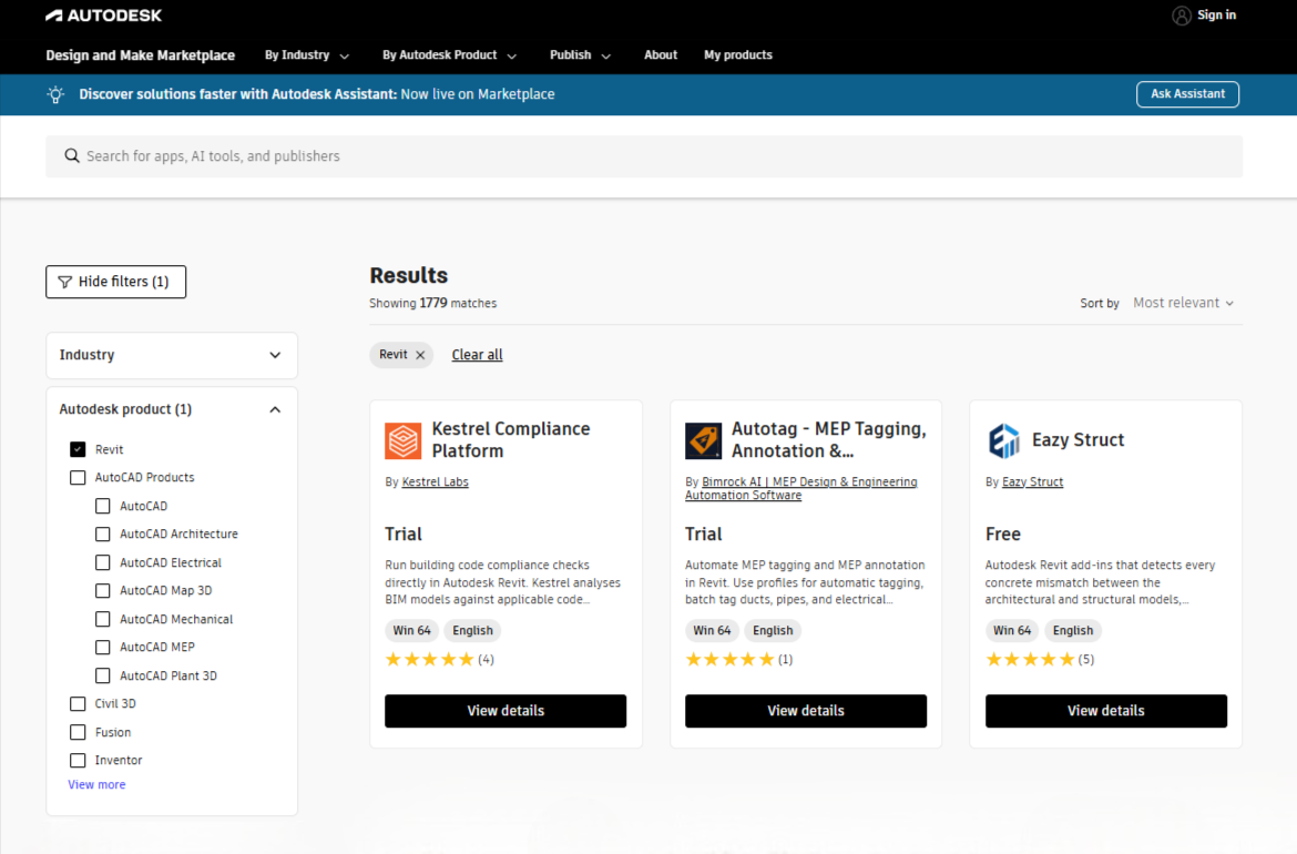 Autodesk App Store, Revit search filter