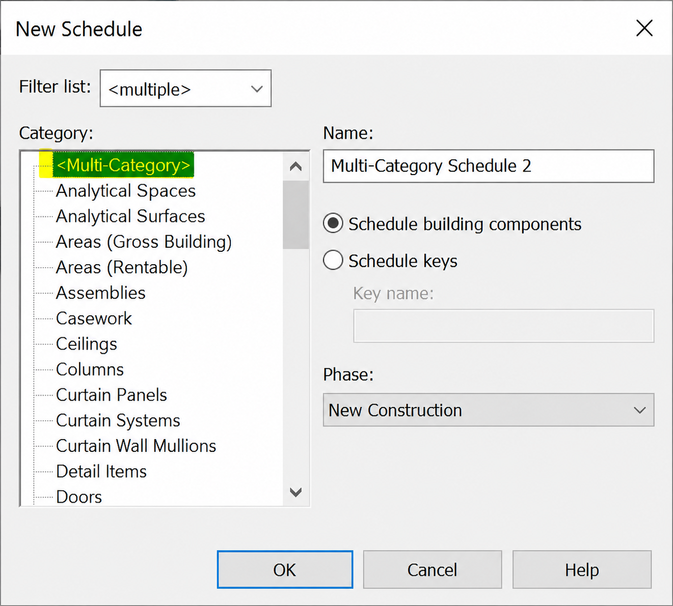 Revit Comments parameter and Multi-Category Schedule for creating a list of notes across model elements