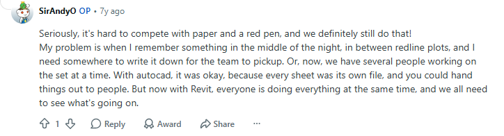 Revit user describes the challenge of managing redlines and comments while working on a shared model