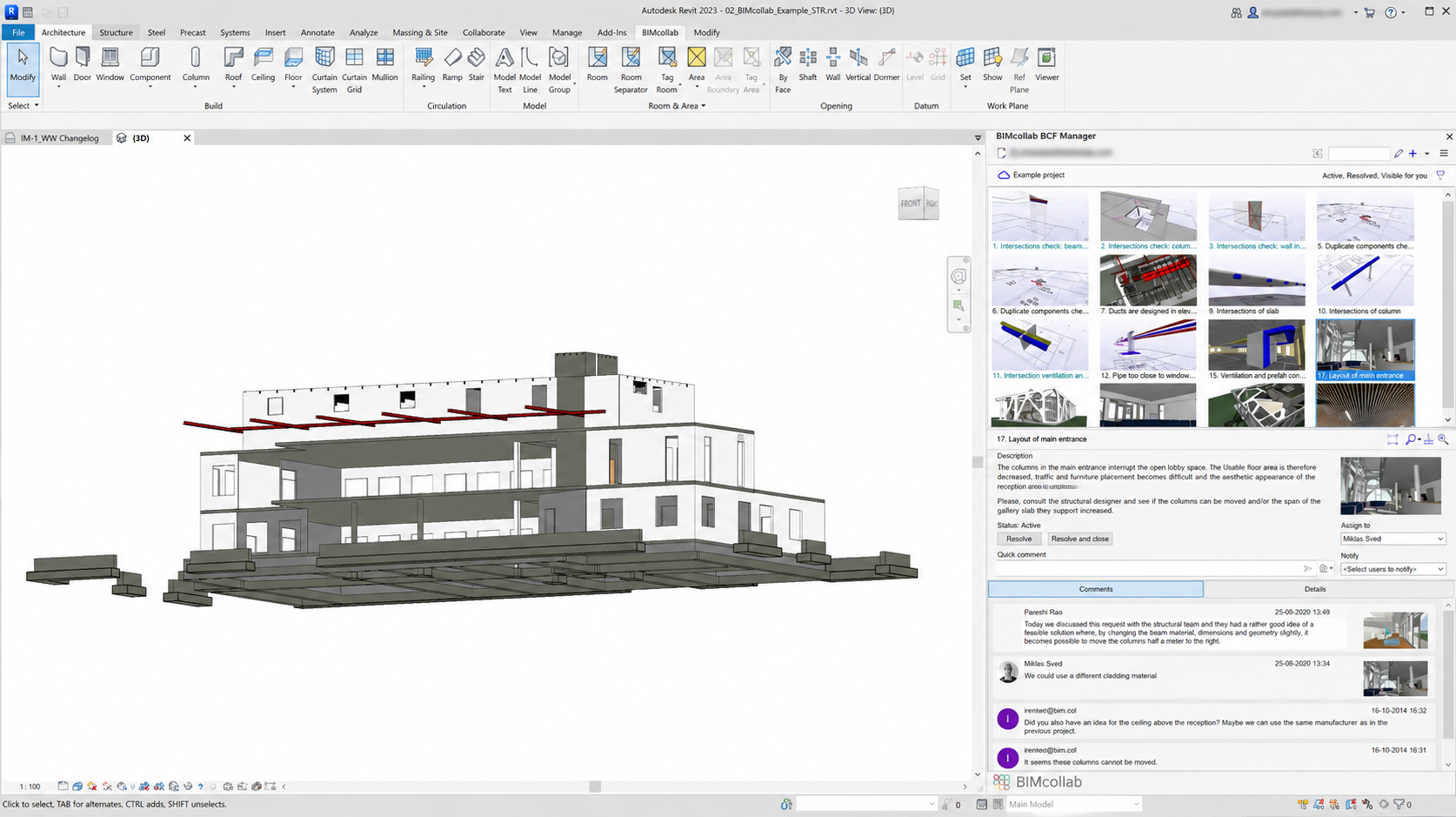 BIMcollab BCF Manager in Revit showing BIM coordination issues, model markers, and issue details