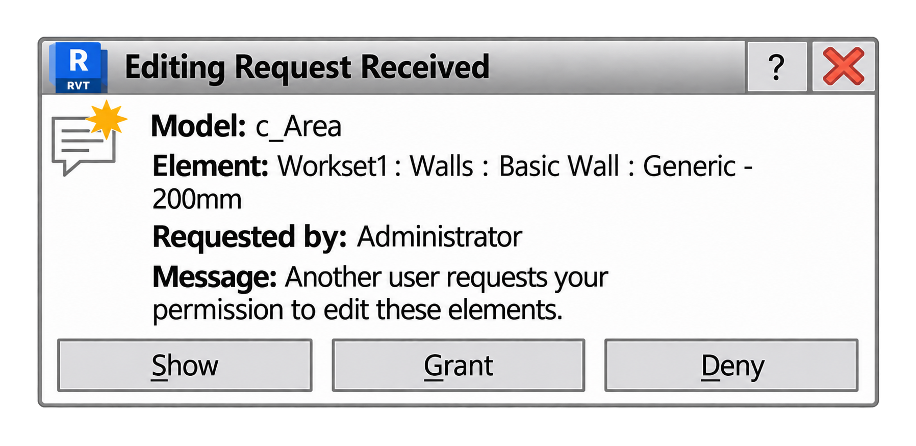 Revit Worksharing editing request dialog showing how users request access to elements in a shared model
