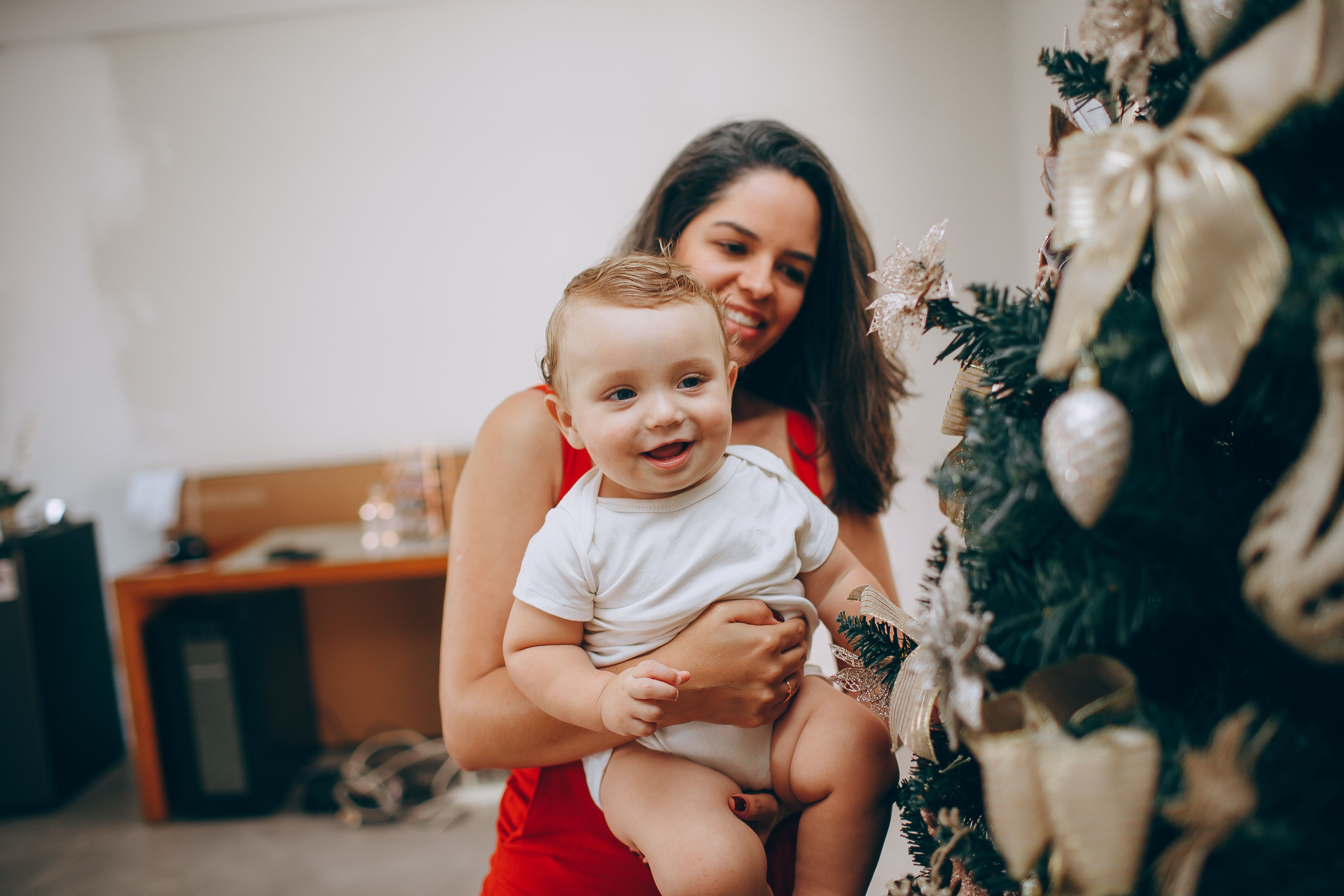 Smiling mother in a red dress holding her happy baby beside a decorated Christmas tree, representing holiday parenting time in Illinois.