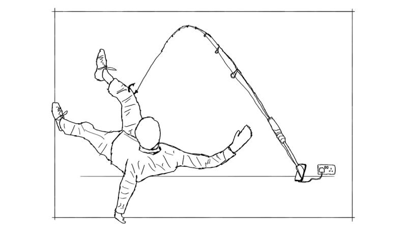 A line drawing of a person caught by the leg on a fishing line; the fishing rod is coming out of a phone screen and the phone is plugged into the wall. It represents the idea of not being able to fully escape from digital devices..