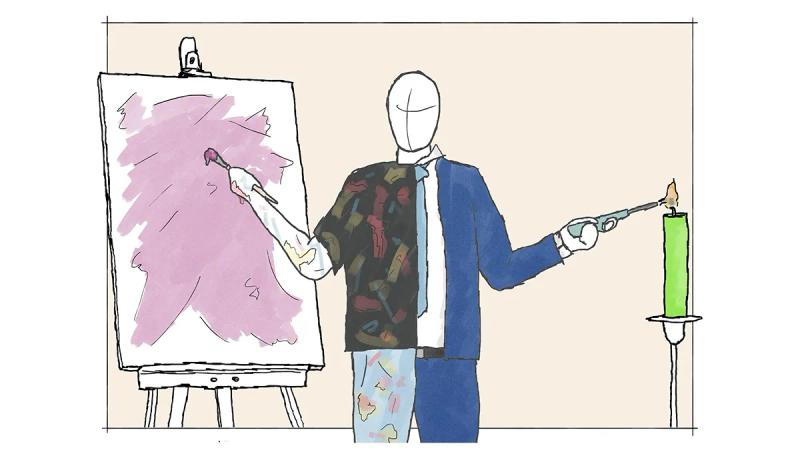 A digital illustration of a person split into two halves. The left side is an artist in a colorful patterned shirt, painting on a canvas. The right side is an investor in a formal blue suit, lighting a green candle with a lighter.