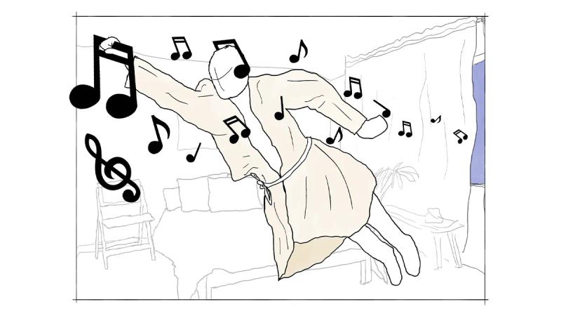 A metaphorical illustration showing a robed figure floating horizontally through the line drawing of a room, seemingly carried by the musical notes that surround it.