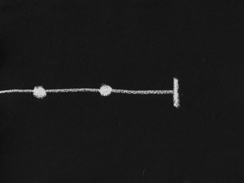 A symbolic chalk drawing of a timeline on a black background. A horizontal line, representing a path through time with two key points marked, is abruptly terminated by a vertical line.
