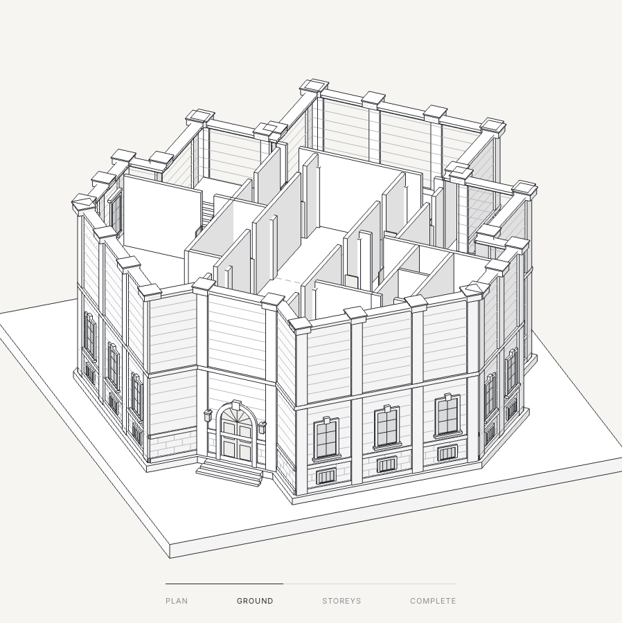 Architectural building midway through a floor-by-floor assembly animation, shown with wireframe upper floors.