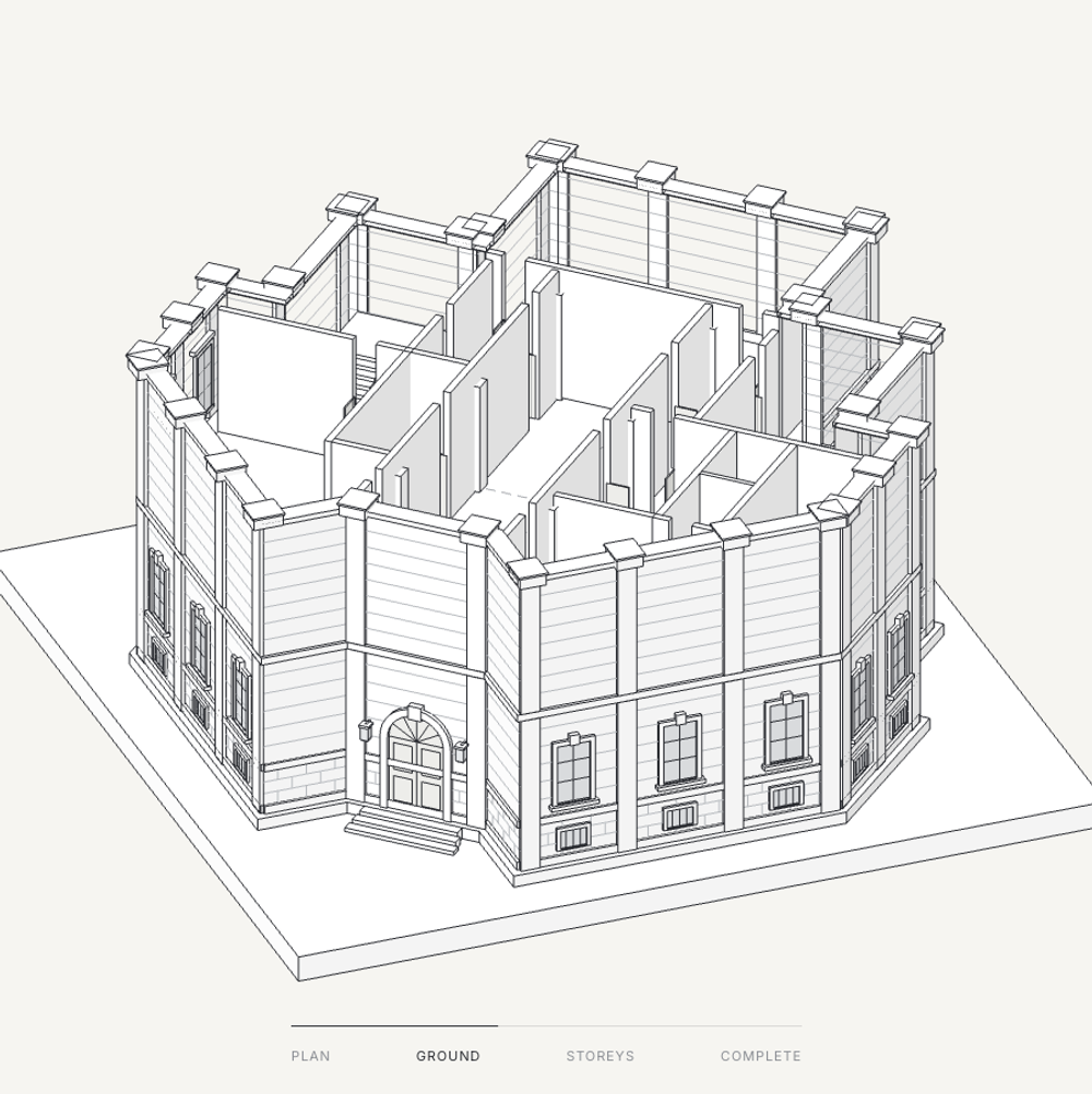 Architectural building midway through a floor-by-floor assembly animation, shown with wireframe upper floors.