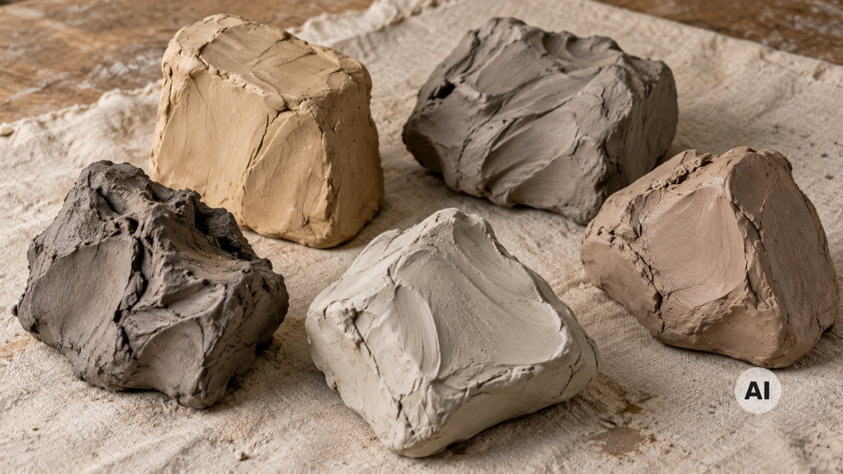 Cinco piezas de arcilla para cerámica en diferentes tonalidades, desde el blanco hasta el gris y el ocre, dispuestas sobre un paño de trabajo.