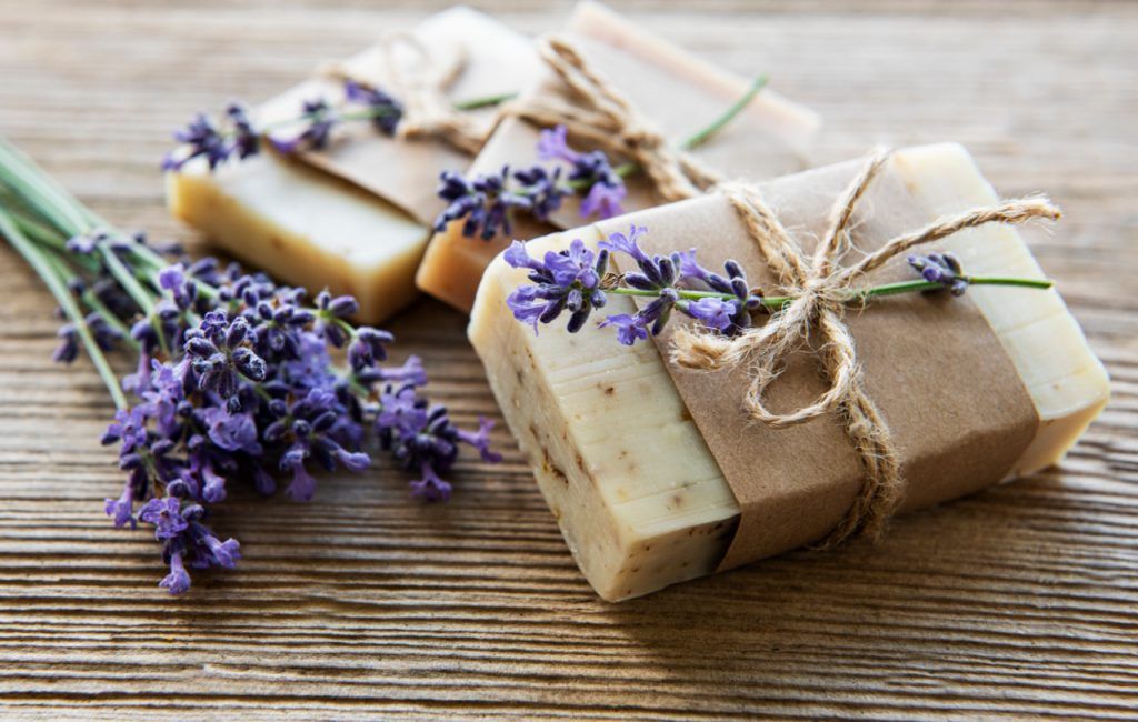 Handmade soaps packaged with lavender