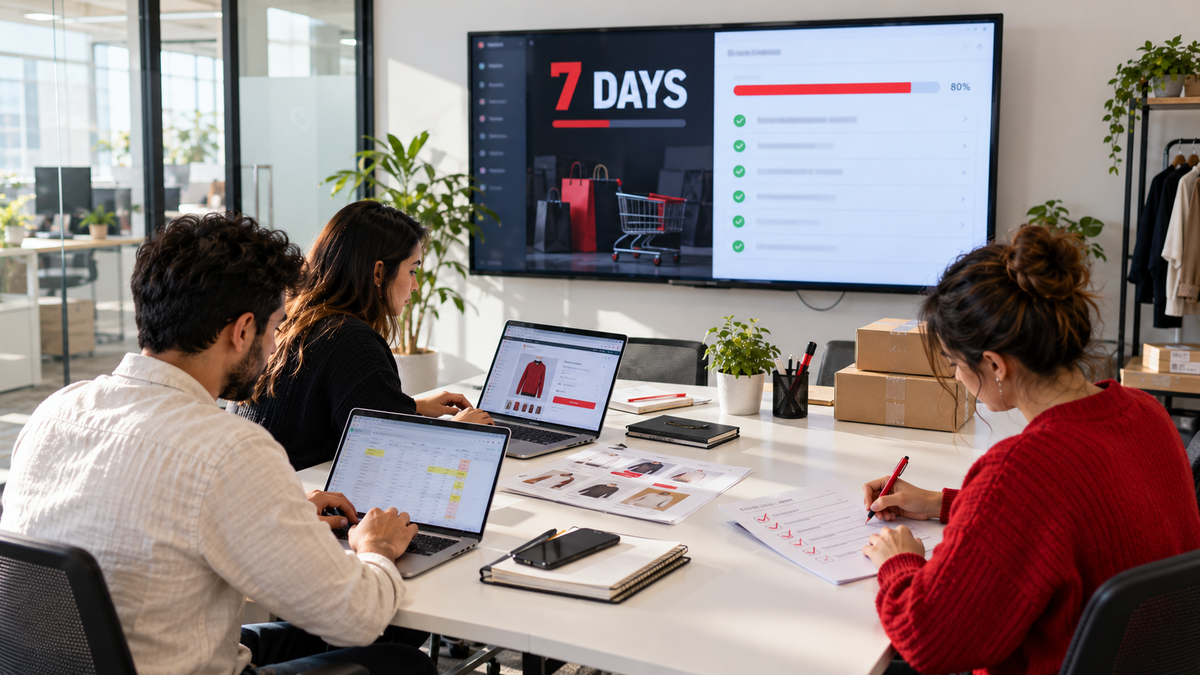 Ecommerce team reviewing a Shopify Black Friday readiness checklist and countdown on a wall screen in the office