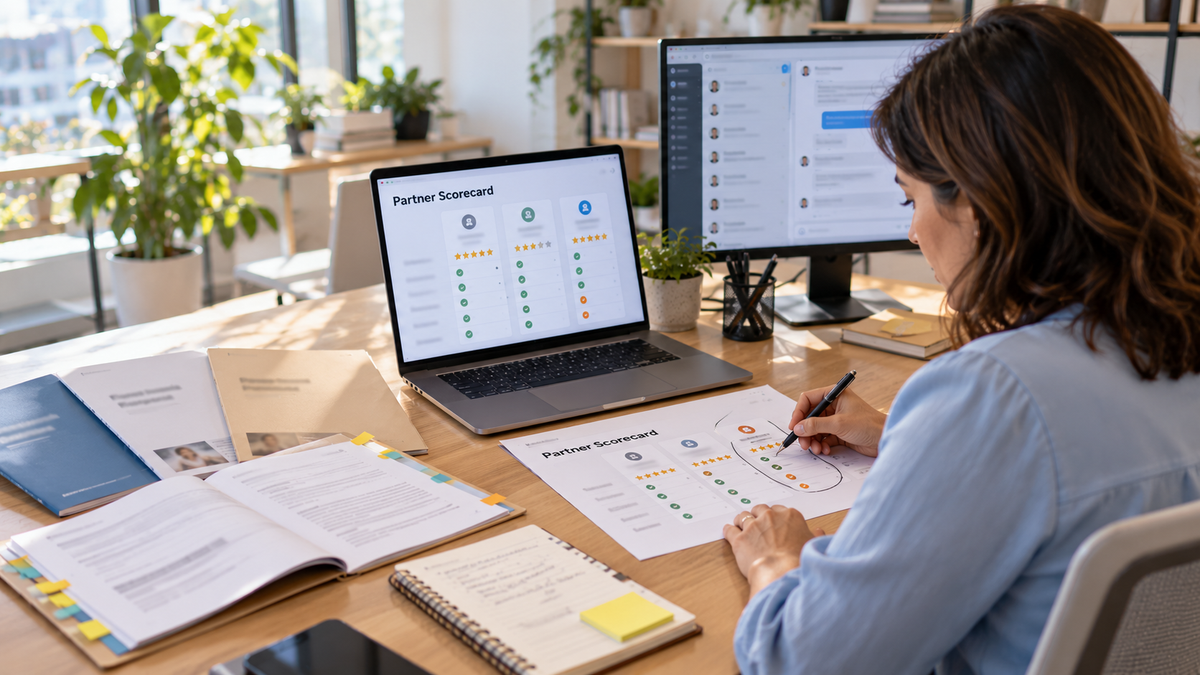 Support specialist comparing two helpdesk tools side by side on two monitors for a Shopify store